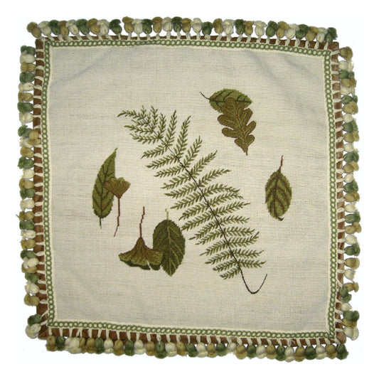 Handmade Wool Needlepoint Pillow Cover - Decorative Throw Cushion Cover - Vintage Floral Embroidery Design fern, leaves with 3 color tassels