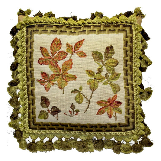 Handmade Wool Needlepoint Pillow Cover - Decorative Throw Cushion Cover - Vintage Floral Embroidery Design leaves bamboo frame with 3 color tassel
