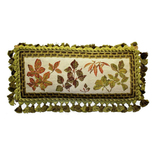 Handmade Wool Needlepoint Pillow Cover - Decorative Throw Cushion Cover - Vintage Floral Embroidery Design leaves with brown bamboo frame 3 color tassels 1