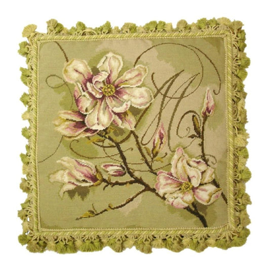 Handmade Wool Needlepoint Pillow Cover - Decorative Throw Cushion Cover - Vintage Floral Embroidery Design Kathryn White designMagnolia Trumeau with tassel