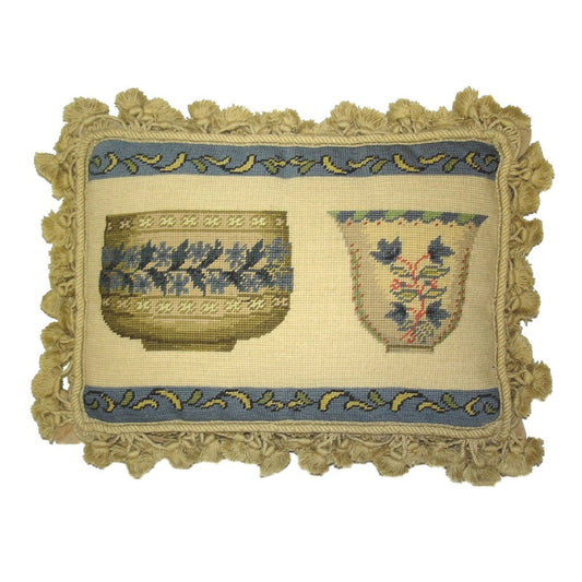 Handmade Wool Needlepoint Pillow Cover - Decorative Throw Cushion Cover - Vintage Floral Embroidery Design French antique bowl set with tassels