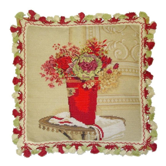 Handmade Wool Needlepoint Pillow Cover - Decorative Throw Cushion Cover - Vintage Floral Embroidery Design Kathryn White Design c