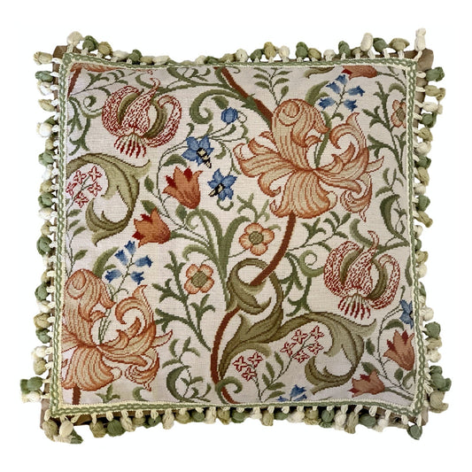 Handmade Wool Needlepoint Pillow Cover - Decorative Throw Cushion Cover - Vintage Floral Embroidery Design floral in orange pink green blue with tassels A