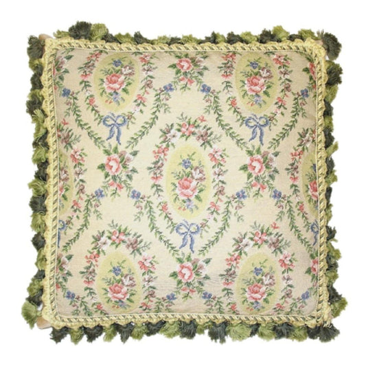 Handmade Wool Needlepoint Pillow Cover - Decorative Throw Cushion Cover - Vintage Floral Embroidery Design oval shape roses in the leave frame with 2 tone green tassel