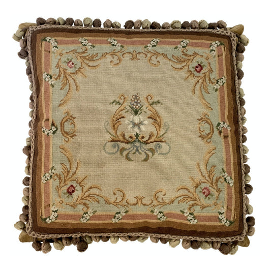 Handmade Wool Needlepoint Pillow Cover - Decorative Throw Cushion Cover - Vintage Floral Embroidery Design yellow harp floral with 3 color tassel