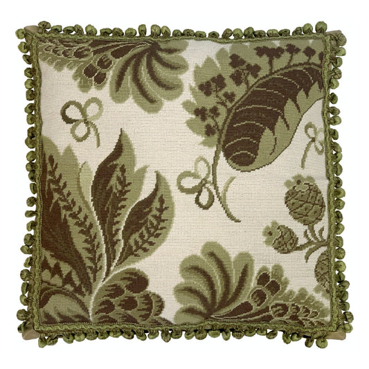 Handmade Wool Needlepoint Pillow Cover - Decorative Throw Cushion Cover - Vintage Floral Embroidery Design olive-brown tropical leaves with tassels