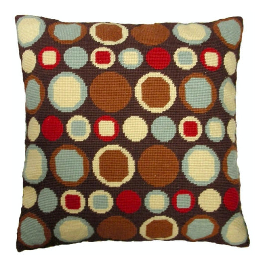 Handmade Wool Needlepoint Pillow Cover - Decorative Throw Cushion Cover - Vintage Floral Embroidery Design different sizes dots in shade of brown,green,cream,red,brown background