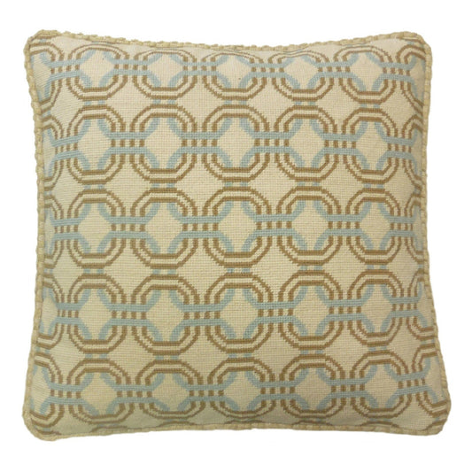 Handmade Wool Needlepoint Pillow Cover - Decorative Throw Cushion Cover - Vintage Floral Embroidery Design chain circle light blue/mustard yellow checker cording