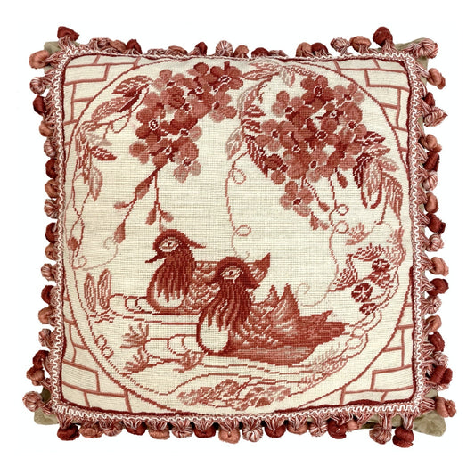 Handmade Wool Needlepoint Pillow Cover - Decorative Throw Cushion Cover - Vintage Floral Embroidery Design red Manderain Ducks plum flowers with tassels