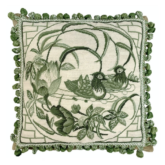 Handmade Wool Needlepoint Pillow Cover - Decorative Throw Cushion Cover - Vintage Floral Embroidery Design green Manderain Ducks lotus flower with tassels
