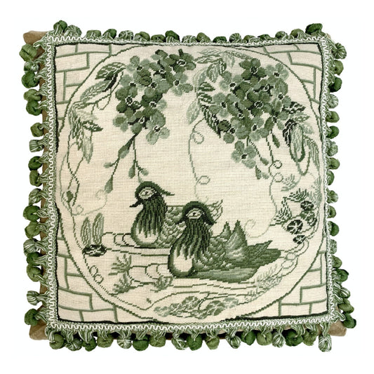 Handmade Wool Needlepoint Pillow Cover - Decorative Throw Cushion Cover - Vintage Floral Embroidery Design green Manderain Ducks plum flower with tassels
