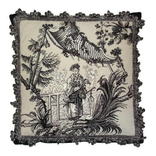 Handmade Wool Needlepoint Pillow Cover - Decorative Throw Cushion Cover - Vintage Floral Embroidery Design Chinese fishman black/white