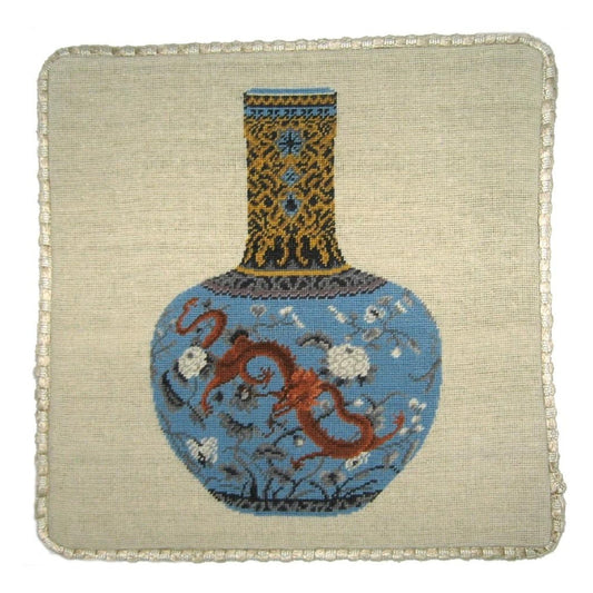 Handmade Wool Needlepoint Pillow Cover - Decorative Throw Cushion Cover - Vintage Floral Embroidery Design Ming dynasty dragon blue vast with cording