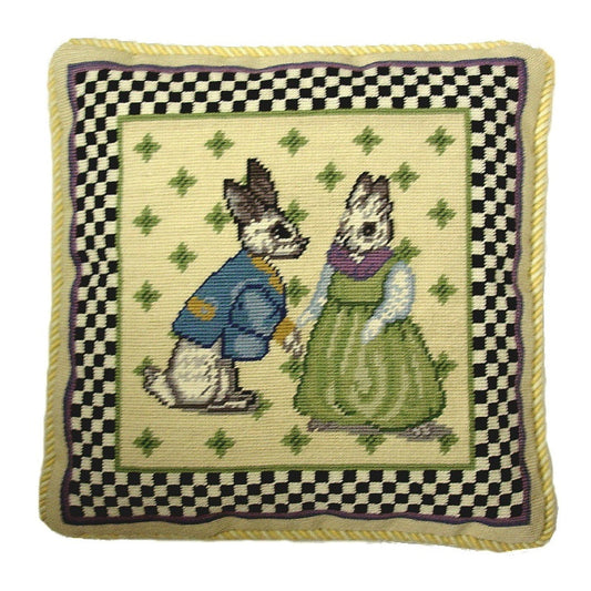 Handmade Wool Needlepoint Pillow Cover - Decorative Throw Cushion Cover - Vintage Floral Embroidery Design 2 rabit baby black white check nature & cream cording