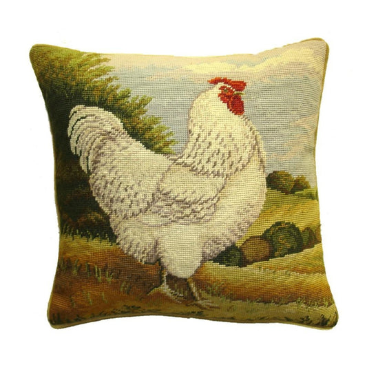 Handmade Wool Needlepoint Pillow Cover - Decorative Throw Cushion Cover - Vintage Floral Embroidery Design white roosterByron