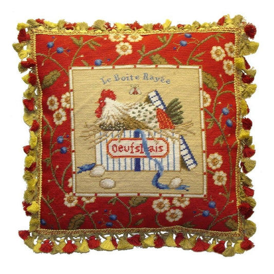 Handmade Wool Needlepoint Pillow Cover - Decorative Throw Cushion Cover - Vintage Floral Embroidery Design Sudi McCollums designLe Boite Rayee with bee and 3 color tassel