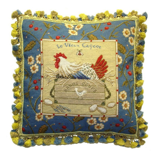 Handmade Wool Needlepoint Pillow Cover - Decorative Throw Cushion Cover - Vintage Floral Embroidery Design Sudi McCollums designLe Vieux Cageot with bee and 3 color tassel