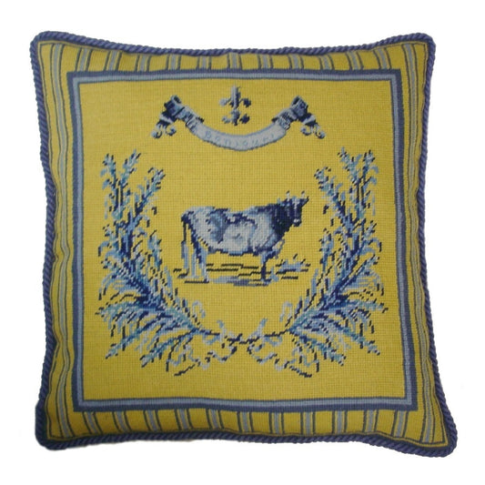 Handmade Wool Needlepoint Pillow Cover - Decorative Throw Cushion Cover - Vintage Floral Embroidery Design yellow/blue cow with cording