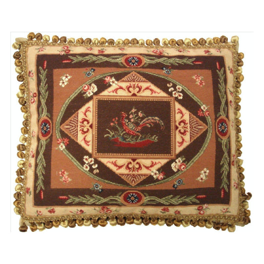 Handmade Wool Needlepoint Pillow Cover - Decorative Throw Cushion Cover - Vintage Floral Embroidery Design pheasant center with tassels