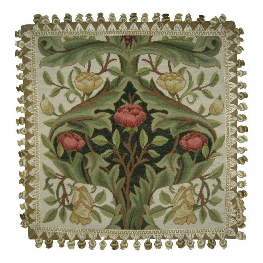 Handmade Wool Needlepoint Pillow Cover - Decorative Throw Cushion Cover - Vintage Floral Embroidery Design old roses dark green center with tassels