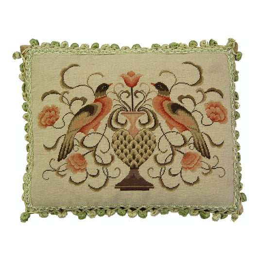Handmade Wool Needlepoint Pillow Cover - Decorative Throw Cushion Cover - Vintage Floral Embroidery Design 2 birds with 2 color tassels