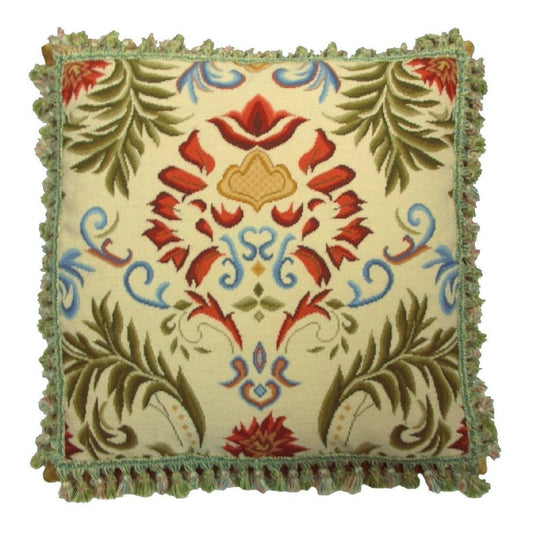 Handmade Wool Needlepoint Pillow Cover - Decorative Throw Cushion Cover - Vintage Floral Embroidery Design red tulip green leaves with tassels