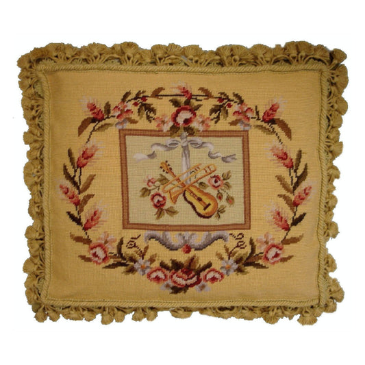 Handmade Wool Needlepoint Pillow Cover - Decorative Throw Cushion Cover - Vintage Floral Embroidery Design Violin background
