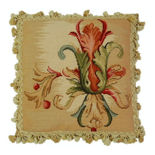 Handmade Wool Needlepoint Pillow Cover - Decorative Throw Cushion Cover - Vintage Floral Embroidery Design Wheat blooming single with tassels