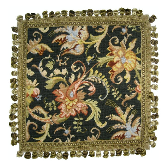 Handmade Wool Needlepoint Pillow Cover - Decorative Throw Cushion Cover - Vintage Floral Embroidery Design wheat flower blooming in summer midnight washed black back with tassels