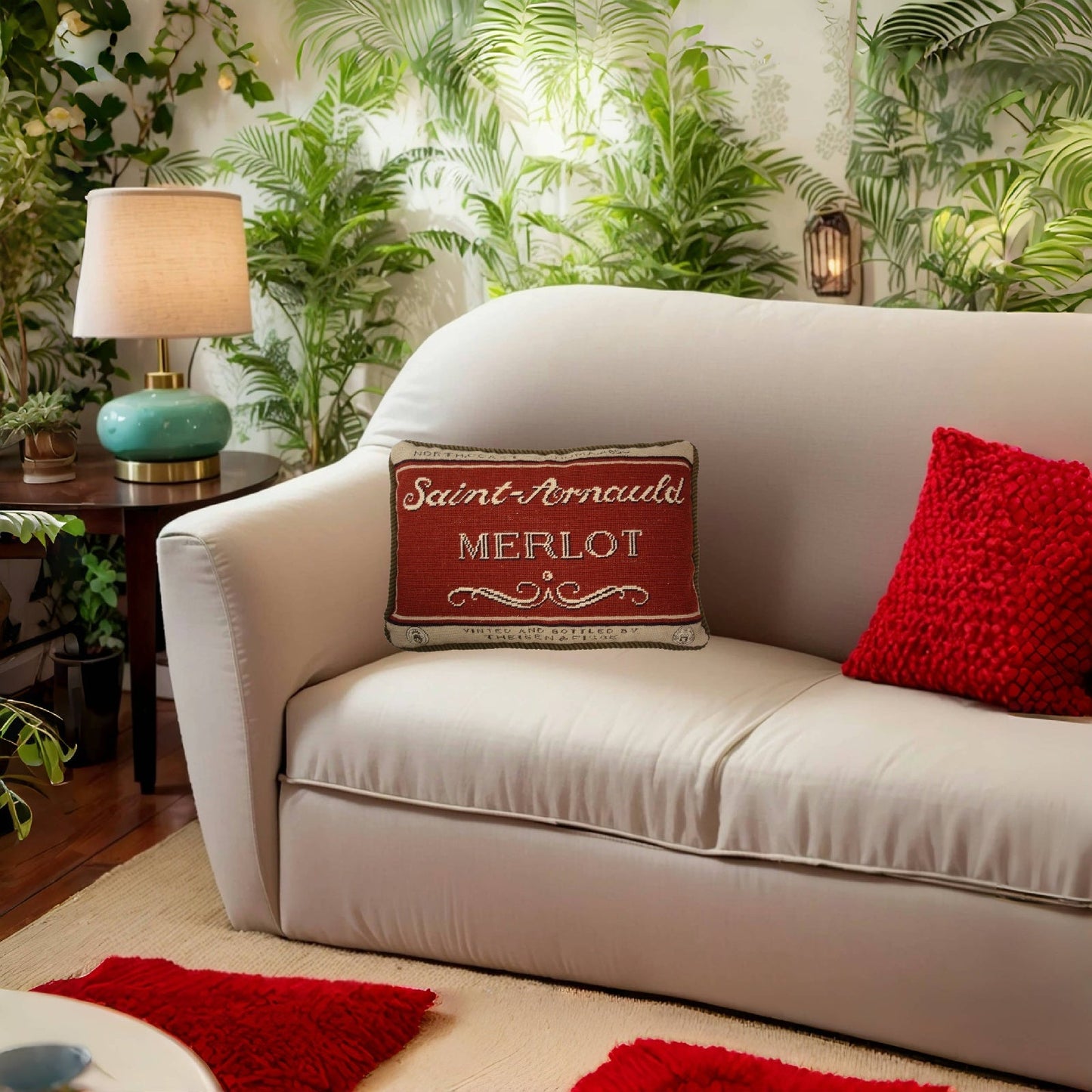 Handmade Wool Needlepoint Pillow Cover - Decorative Throw Cushion Cover - Vintage Floral Embroidery Design with Angela Staehling designSaint-Arnauld with cording