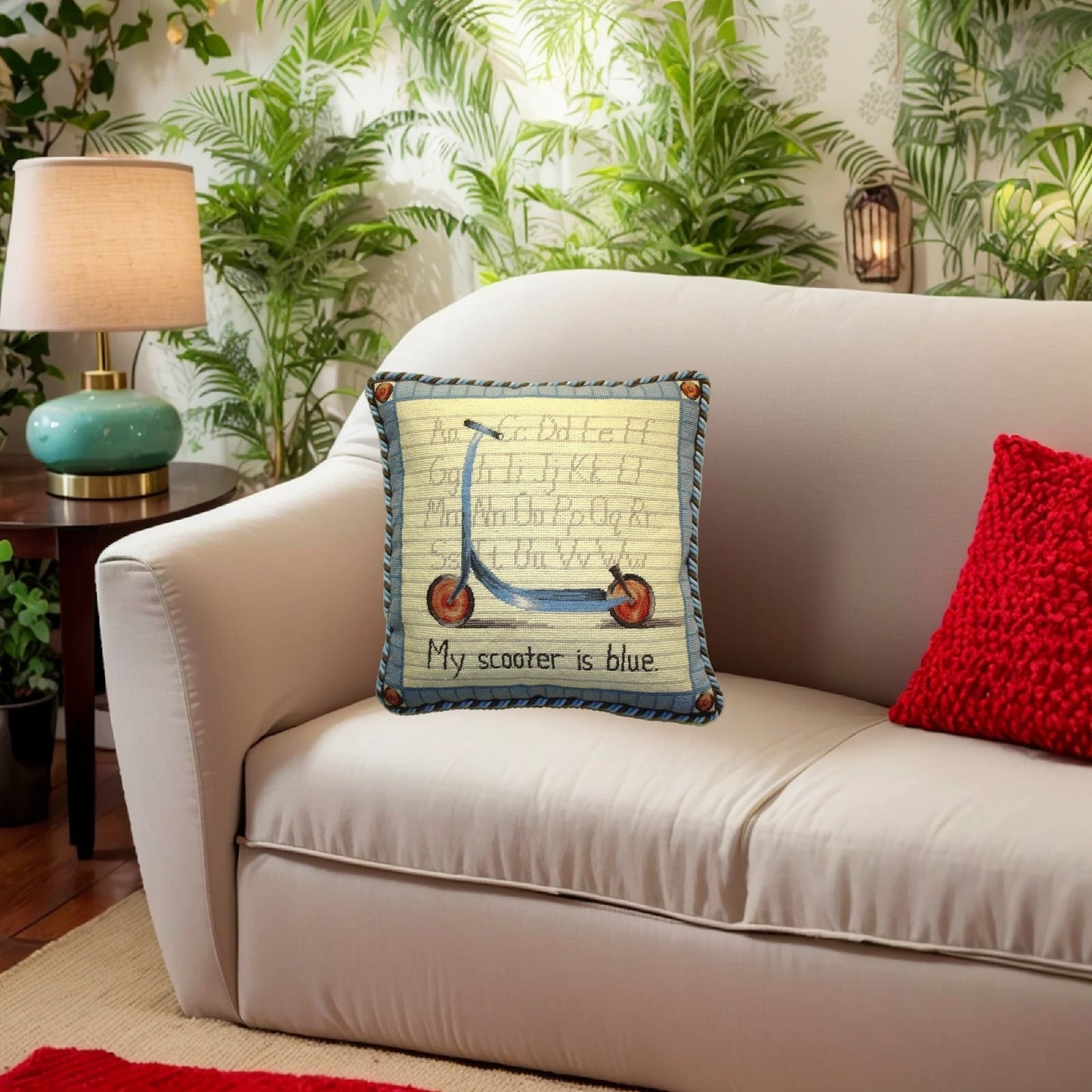 Handmade Wool Needlepoint Pillow Cover - Decorative Throw Cushion Cover - Vintage Floral Embroidery Design Scooter Lauren Hamilton Design