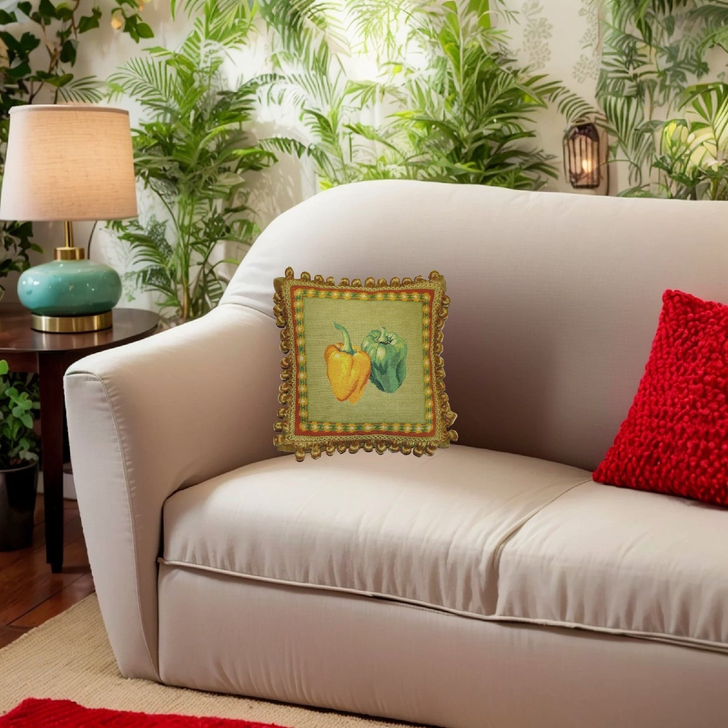 Handmade Wool Needlepoint Pillow Cover - Decorative Throw Cushion Cover - Vintage Floral Embroidery Design background 3 color tassel 2