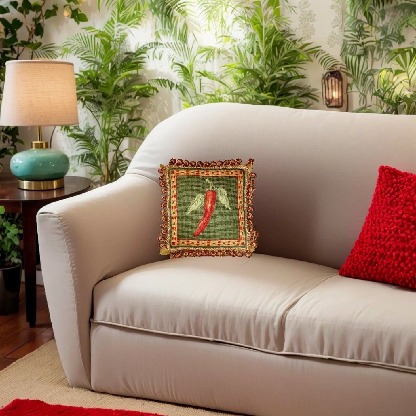 Handmade Wool Needlepoint Pillow Cover - Decorative Throw Cushion Cover - Vintage Floral Embroidery Design background 3 color tassel 5