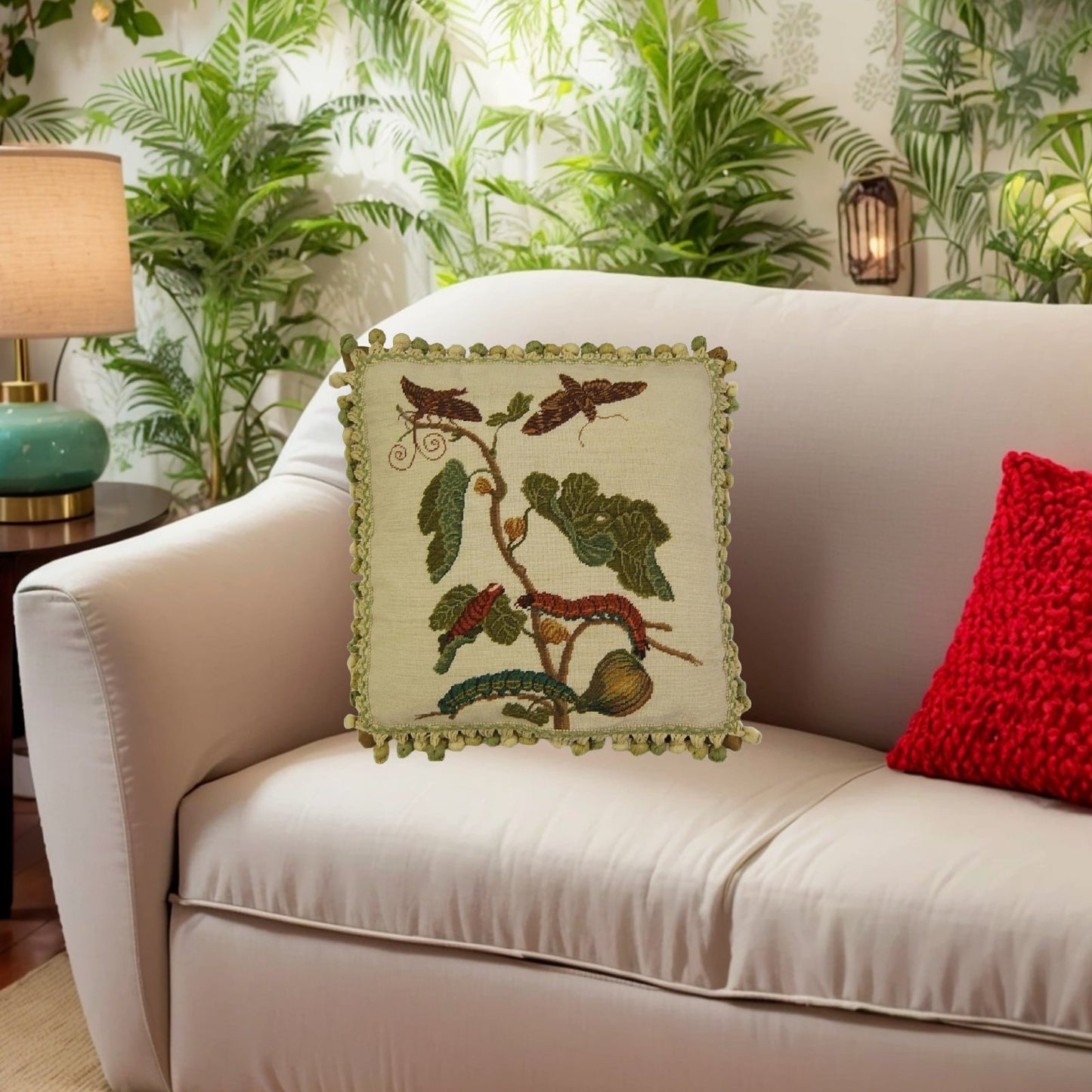 Handmade Wool Needlepoint Pillow Cover - Decorative Throw Cushion Cover - Vintage Floral Embroidery Design background, green/brown caterpillars with 3 color tassels