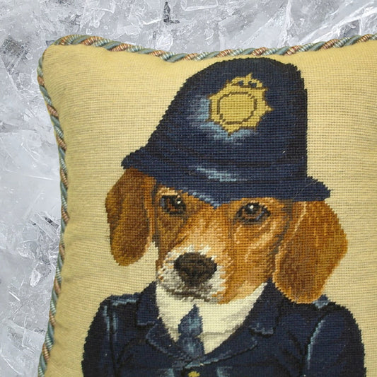 Handmade Wool Needlepoint Pillow Cover - Decorative Throw Cushion Cover - Vintage Floral Embroidery Design Bobby Beagle with 2 color cording