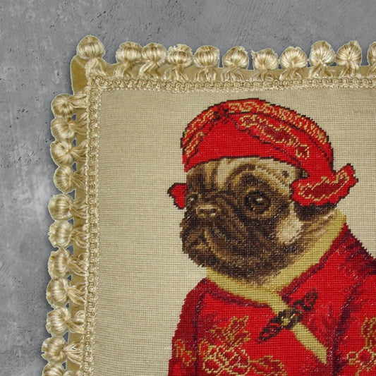 Handmade Wool Needlepoint Pillow Cover - Decorative Throw Cushion Cover - Vintage Floral Embroidery Design pug boy in red jacket ware hat with 3 color cording