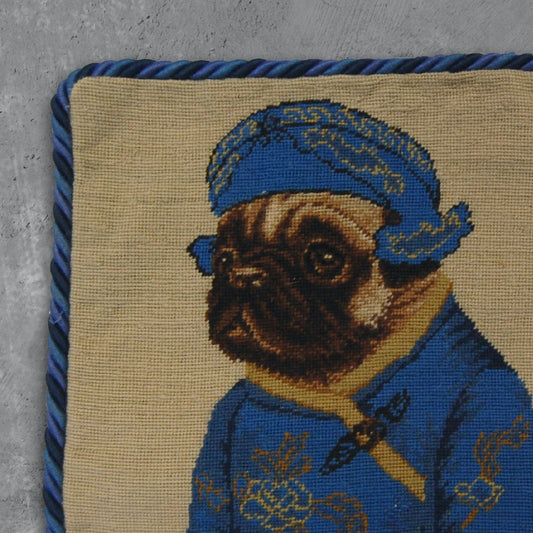 Handmade Wool Needlepoint Pillow Cover - Decorative Throw Cushion Cover - Vintage Floral Embroidery Design pug boy in blue with 3 color cording