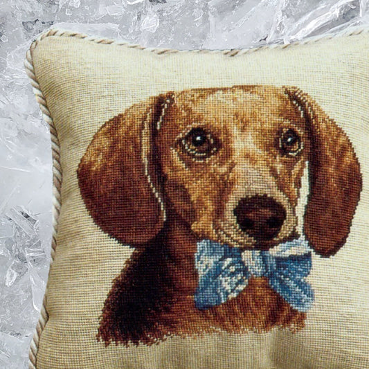 Handmade Wool Needlepoint Pillow Cover - Decorative Throw Cushion Cover - Vintage Floral Embroidery Design Dachsund with 2 color cording