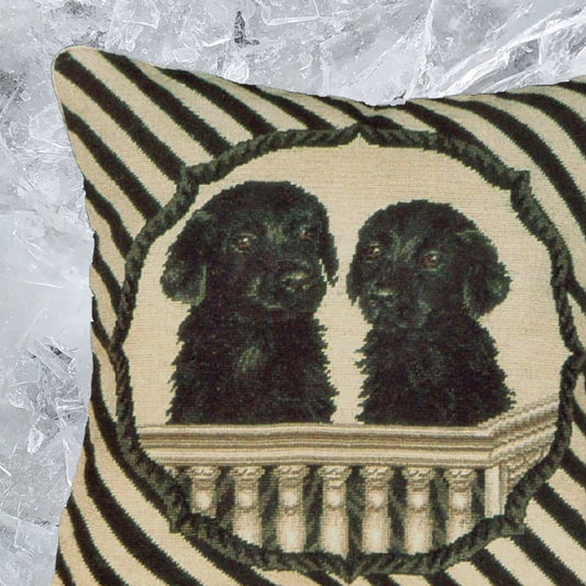 Handmade Wool Needlepoint Pillow Cover - Decorative Throw Cushion Cover - Vintage Floral Embroidery Design twin black Labrador in balcony