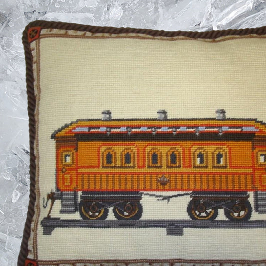 Handmade Wool Needlepoint Pillow Cover - Decorative Throw Cushion Cover - Vintage Floral Embroidery Design train with brown cording
