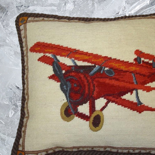 Handmade Wool Needlepoint Pillow Cover - Decorative Throw Cushion Cover - Vintage Floral Embroidery Design plane with brown cording
