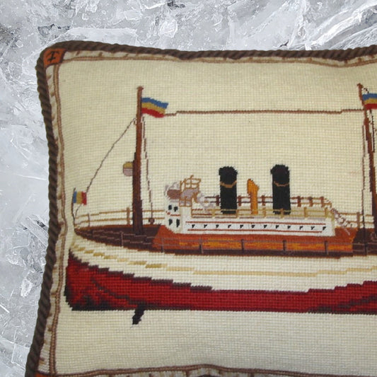 Handmade Wool Needlepoint Pillow Cover - Decorative Throw Cushion Cover - Vintage Floral Embroidery Design boat with brown cording