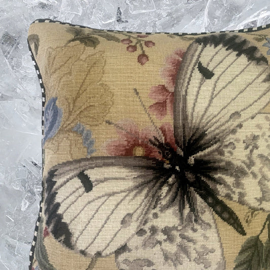 Handmade Wool Needlepoint Pillow Cover - Decorative Throw Cushion Cover - Vintage Floral Embroidery Design butterfly w/b soft dots pink flower with cording