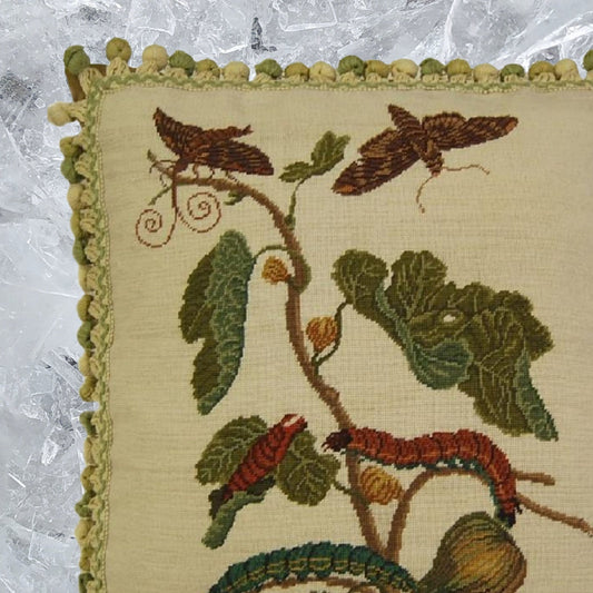 Handmade Wool Needlepoint Pillow Cover - Decorative Throw Cushion Cover - Vintage Floral Embroidery Design background, green/brown caterpillars with 3 color tassels