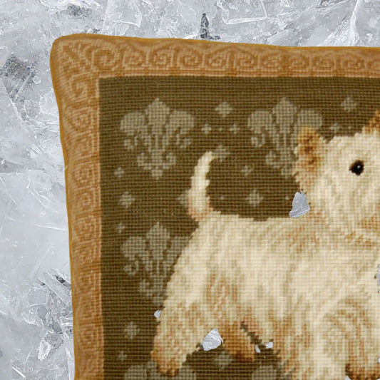 Handmade Wool Needlepoint Pillow Cover - Decorative Throw Cushion Cover - Vintage Floral Embroidery Design on Westies eyes & nose rest grosspoint