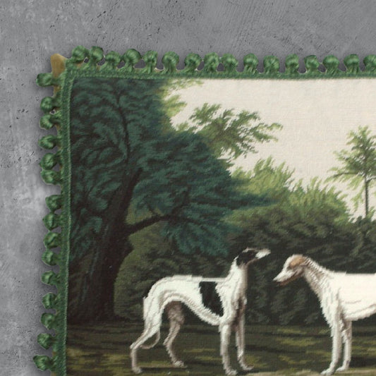 Handmade Wool Needlepoint Pillow Cover - Decorative Throw Cushion Cover - Vintage Floral Embroidery Design 2 Greyhound with tassels