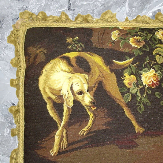 Handmade Wool Needlepoint Pillow Cover - Decorative Throw Cushion Cover - Vintage Floral Embroidery Design brown hunting yellow rose with gold tassels