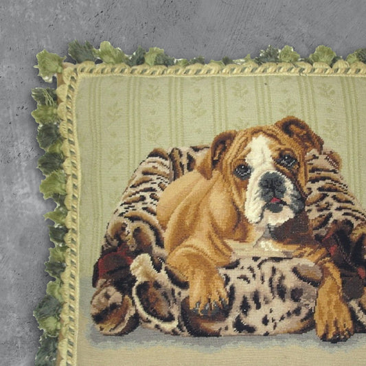 Handmade Wool Needlepoint Pillow Cover - Decorative Throw Cushion Cover - Vintage Floral Embroidery Design bull dog with mixed green tassel