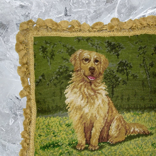 Handmade Wool Needlepoint Pillow Cover - Decorative Throw Cushion Cover - Vintage Floral Embroidery Design Golden Retrieve with tassels