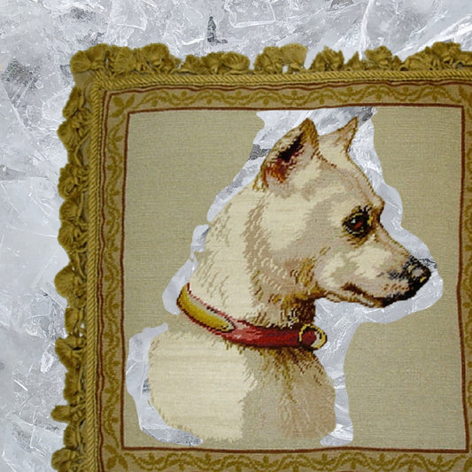 Handmade Wool Needlepoint Pillow Cover - Decorative Throw Cushion Cover - Vintage Floral Embroidery Design Bull Terrie Light with sand nature tassel